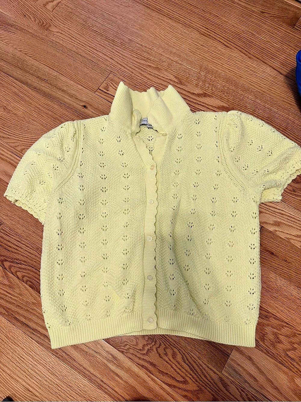 Free Assembly Pointelle Knit Collared Short Sleeve Cardigan XL Yellow